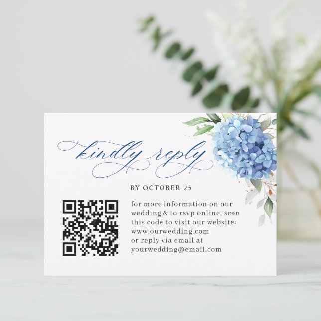 Elegant Watercolor Blue Hydrangea Floral Wedding RSVP Card (Standing Front)