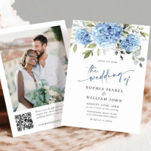 Elegant Watercolor Blue Hydrangea Photo QR Wedding Invitation