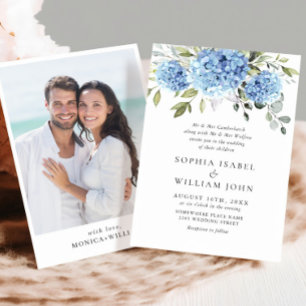 Elegant Watercolor Blue Hydrangea Photo Wedding Invitation