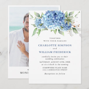 Elegant Watercolor Blue Hydrangea Photo Wedding Invitation