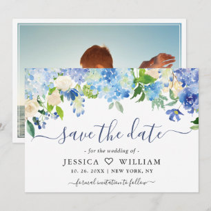 Elegant Watercolor Blue Hydrangea PHOTO Wedding Save The Date