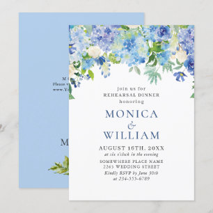 Elegant Watercolor Blue Hydrangea Rehearsal Dinner Invitation
