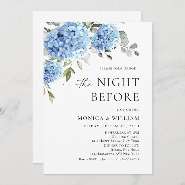 Elegant Watercolor Blue Hydrangea Rehearsal Dinner Invitation (Front/Back)