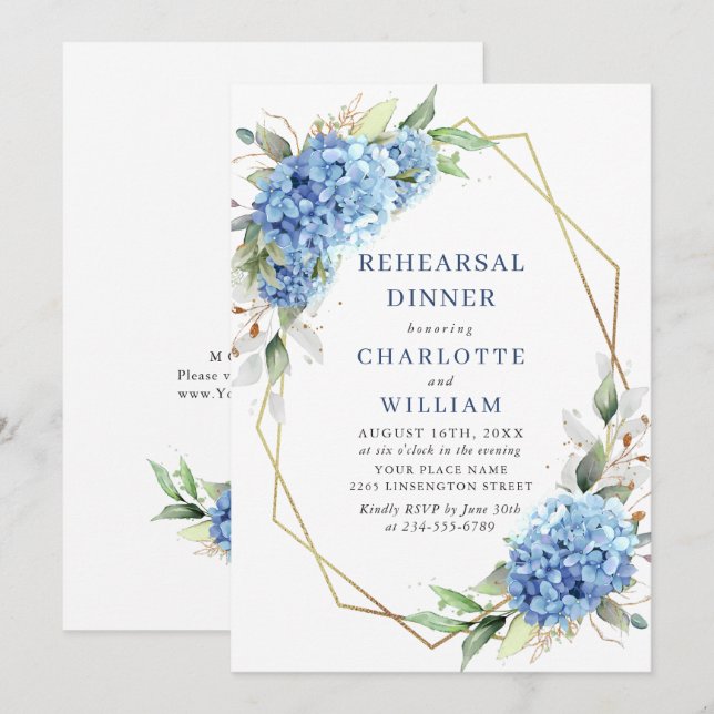 Elegant Watercolor Blue Hydrangea Rehearsal Dinner Invitation (Front/Back)