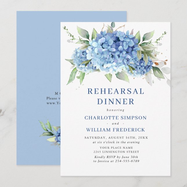 Elegant Watercolor Blue Hydrangea Rehearsal Dinner Invitation (Front/Back)