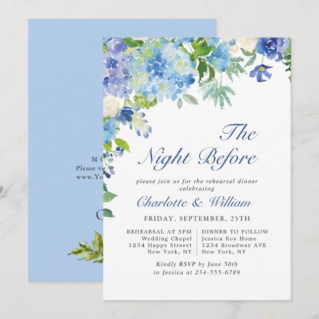 Elegant Watercolor Blue Hydrangea Rehearsal Dinner Invitation (Front/Back)