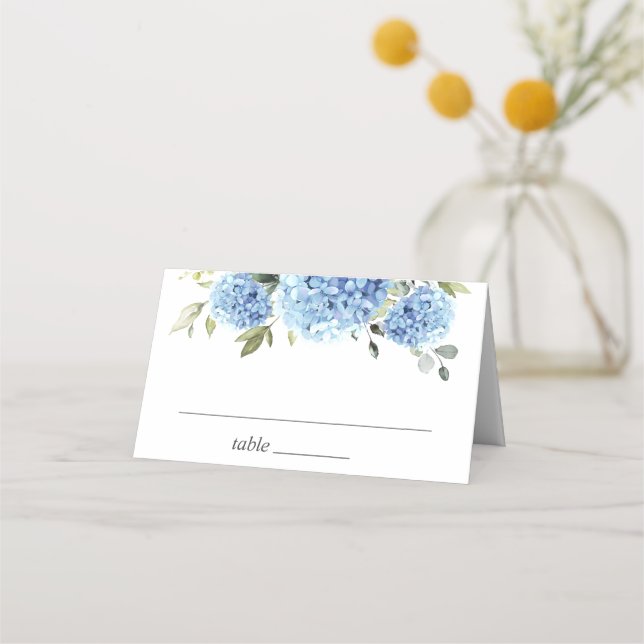 Elegant Watercolor Blue Hydrangea Wedding Place Card (Front)