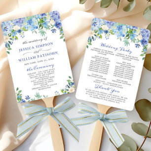 Elegant Watercolor Blue Hydrangea Wedding Program Hand Fan