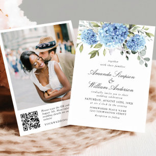 Elegant Watercolor Blue Hydrangea Wedding QR code Invitation
