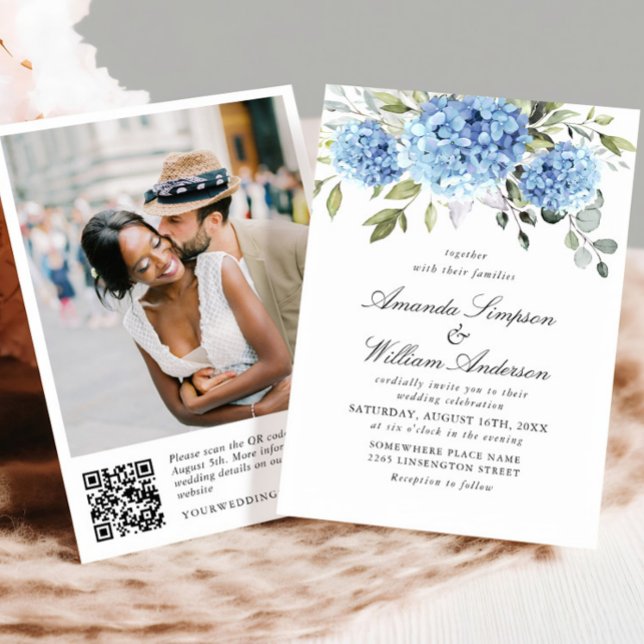 Elegant Watercolor Blue Hydrangea Wedding QR code Invitation (Creator Uploaded)
