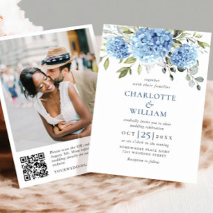 Elegant Watercolor Blue Hydrangea Wedding QR code Invitation