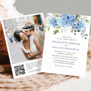 Elegant Watercolor Blue Hydrangea Wedding QR code Invitation