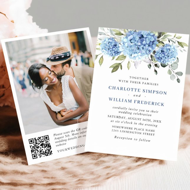 Elegant Watercolor Blue Hydrangea Wedding QR code Invitation (Creator Uploaded)