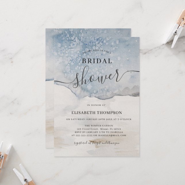 Elegant Watercolor Blue Modern Bridal Shower Invitation (Front/Back In Situ)