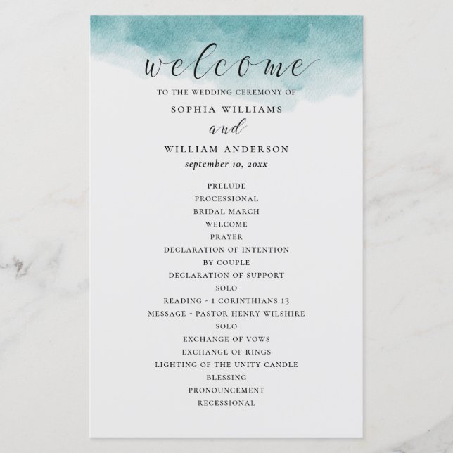 Elegant watercolor blue nautical wedding program (Front)