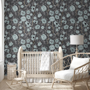 Elegant Watercolor Blue Poppies Pattern Wallpaper