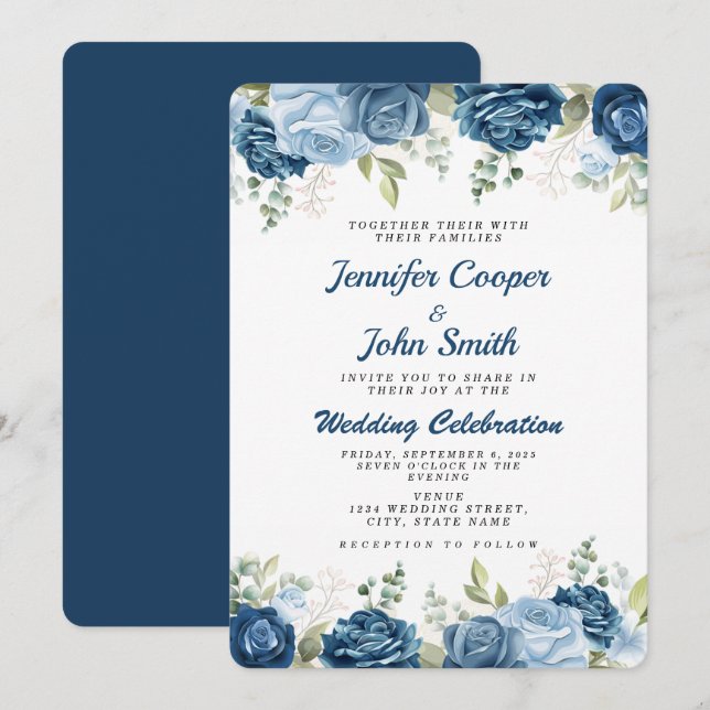 Elegant Watercolor Blue Roses Floral Wedding Invitation (Front/Back)