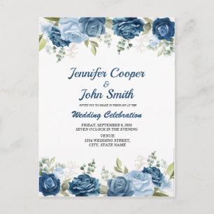 Elegant Watercolor Blue Roses Floral Wedding Postcard