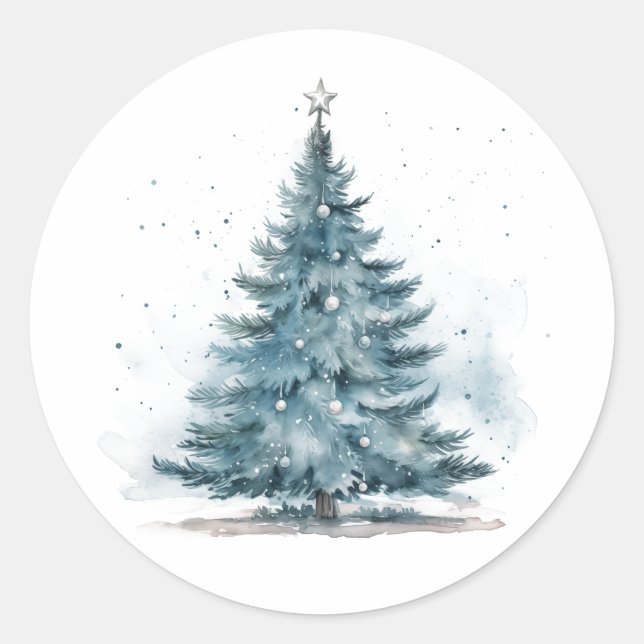Elegant Watercolor Blue Silver Winter Wonderland Classic Round Sticker (Front)