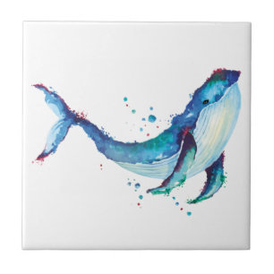 Elegant Watercolor Blue Whale Ceramic Tile