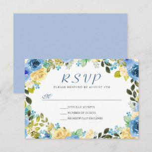 Elegant Watercolor Blue Yellow Floral Wreath RSVP Card