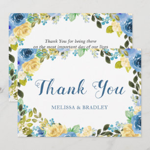 Elegant Watercolor Blue Yellow Rose Garden Wedding Thank You Card