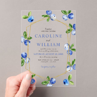 Elegant Watercolor Blueberries Wedding Acrylic Invitations