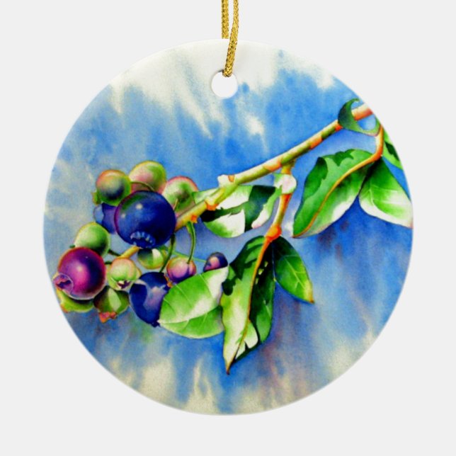 Elegant watercolor blueberry painting ceramic ornament (Front)