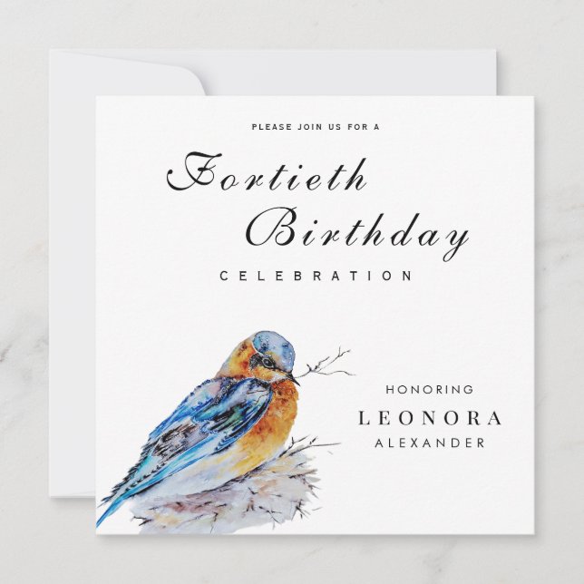 Elegant Watercolor Bluebird Milestone Birthday Invitation (Front)