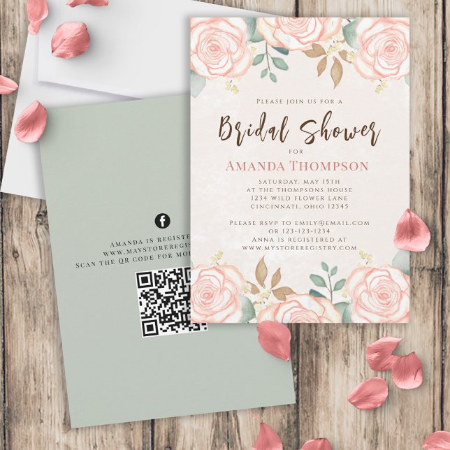 Elegant Watercolor Blush Floral Foliage QR Code Invitation (Creator Uploaded)