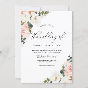 Elegant Watercolor Blush Floral Leaf Wedding Invitation