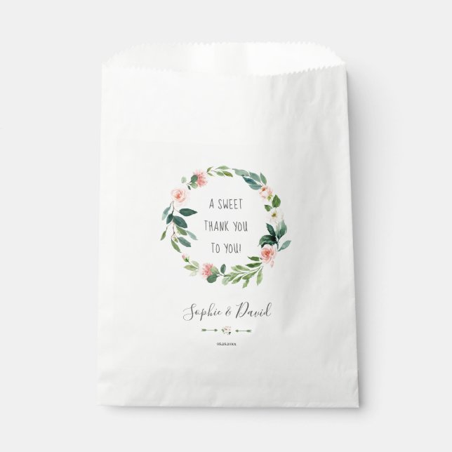 Elegant Watercolor Blush Flowers Wreath Wedding Favour Bag (Front)