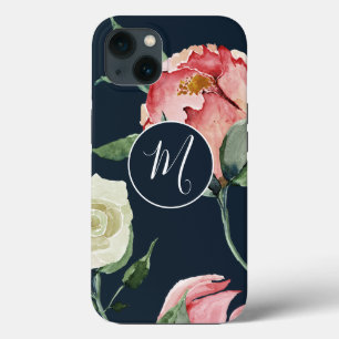 Elegant Watercolor Blush Navy Monogrammed  Floral  iPhone 13 Case
