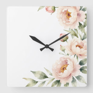 Elegant watercolor blush peony floral background square wall clock