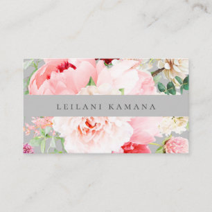 Elegant Watercolor Blush Pink Floral Silver Grey Business Card
