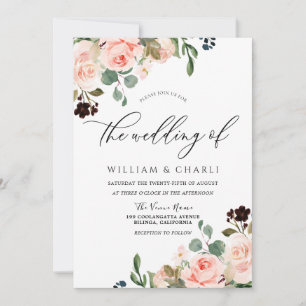 Elegant Watercolor Blush Pink Flowers Wedding Invitation