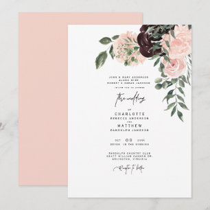 Elegant Watercolor Blush & Wine Floral Wedding  Invitation