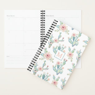 Elegant Watercolor Boho Cactus Pattern Monogram Planner