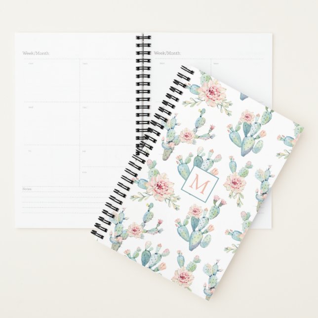 Elegant Watercolor Boho Cactus Pattern Monogram Planner (Display)