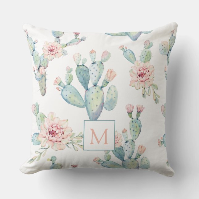 Elegant Watercolor Boho Cactus Pattern Monogram Throw Pillow (Front)