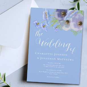 Elegant Watercolor Boho Floral Blue Wedding Invitation