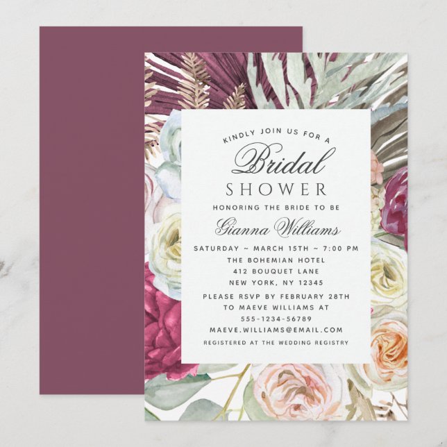 Elegant Watercolor Boho Floral Bridal Shower Invitation (Front/Back)