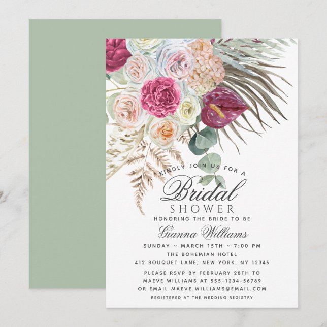 Elegant Watercolor Boho Floral Bridal Shower Invitation (Front/Back)