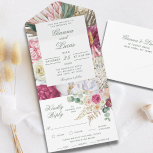 Elegant Watercolor Boho Floral Country Wedding All In One Invitation