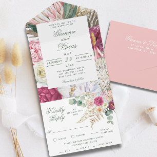 Elegant Watercolor Boho Floral Country Wedding All In One Invitation