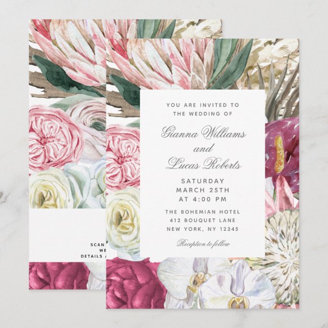 Elegant Watercolor Boho Floral Country Wedding Invitation (Front/Back)