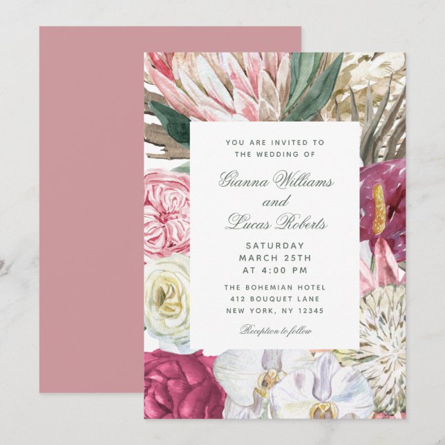 Elegant Watercolor Boho Floral Country Wedding Invitation (Front/Back)