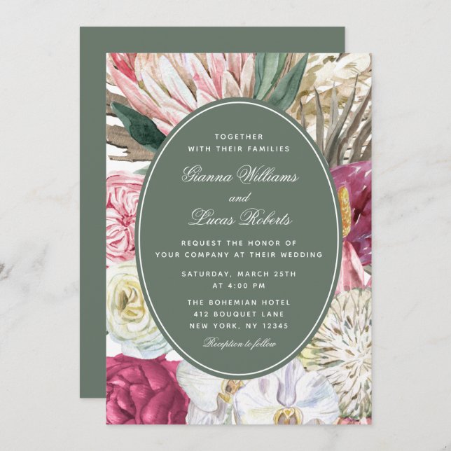 Elegant Watercolor Boho Floral Country Wedding Invitation (Front/Back)