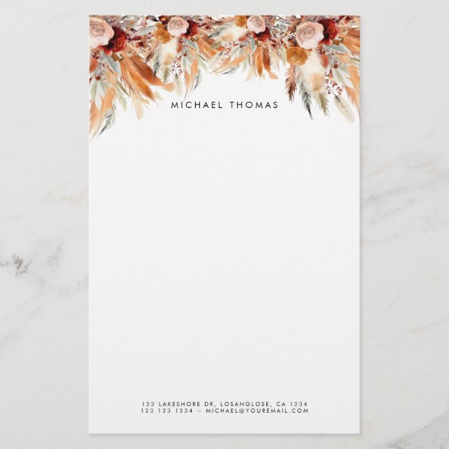Elegant Watercolor Boho Floral Personalized  Stationery (Front)