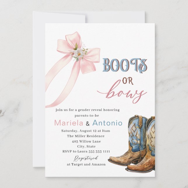 Elegant Watercolor Boots or Bows Baby Shower Invitation (Front)